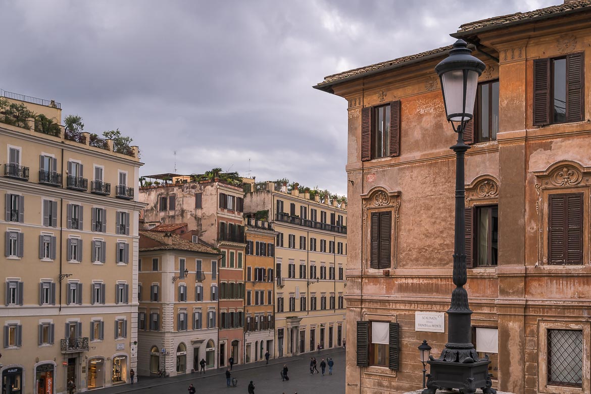 This is a close up of some quintessentially Roman buildings in Piazza di Spagna.