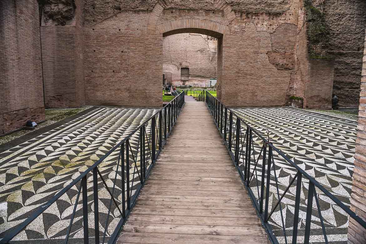 This image shows two perfectly preserved mosaic floors in the Baths of Caracalla.