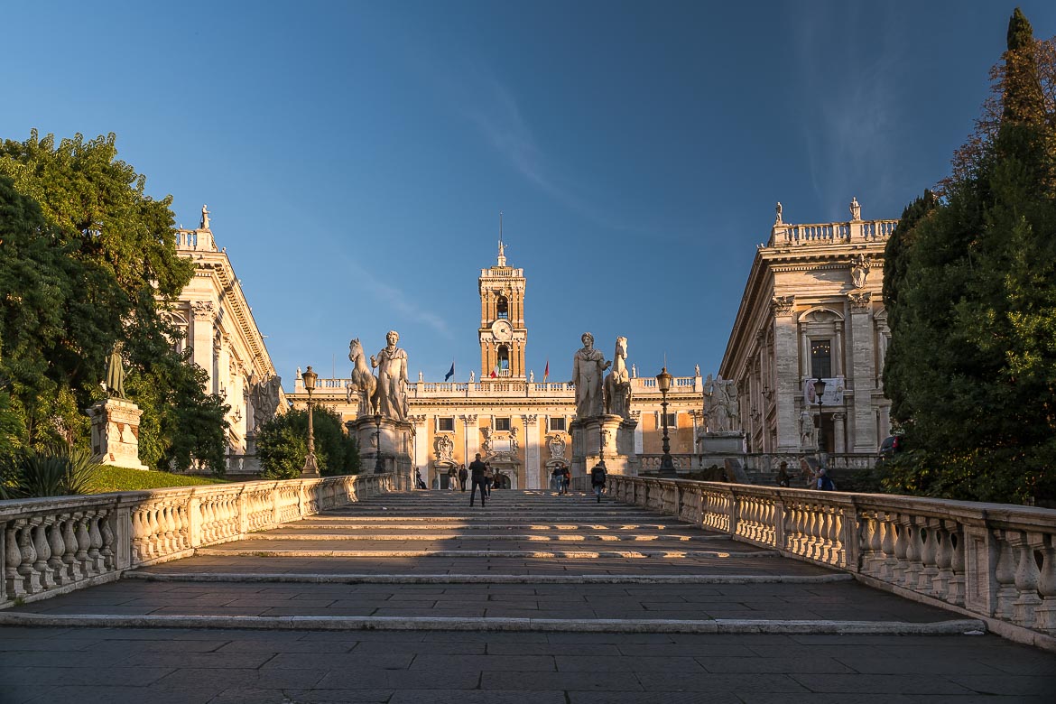 This image shows the Cordonata with the two giant statues.