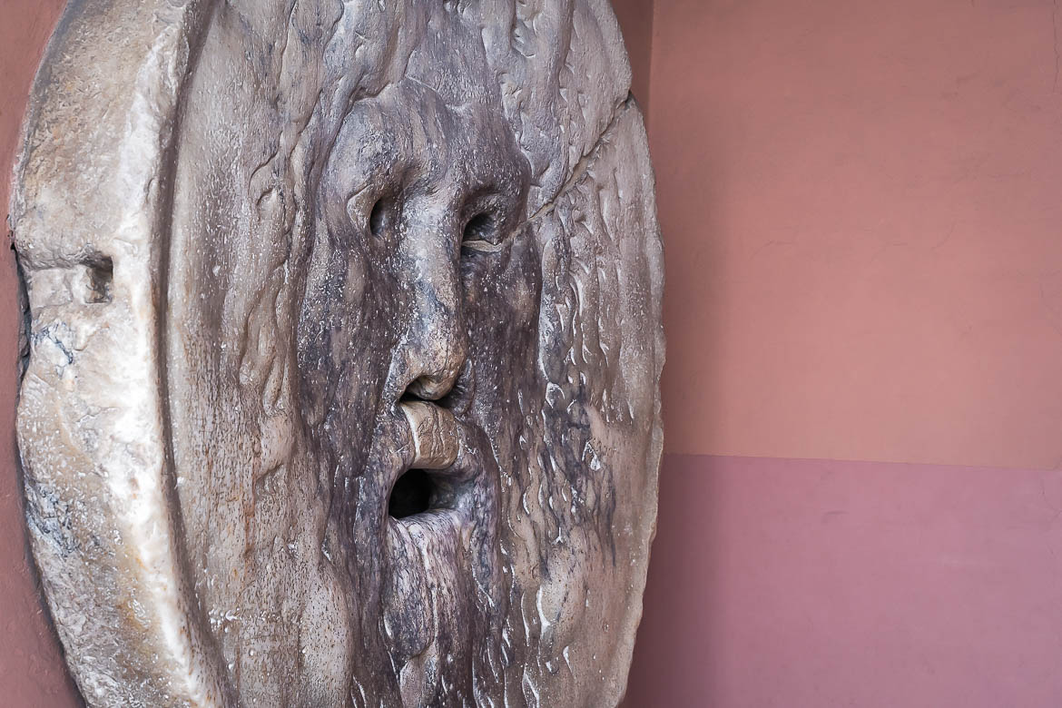 This is a close up of The Mouth of Truth, the all-knowing marble mask.
