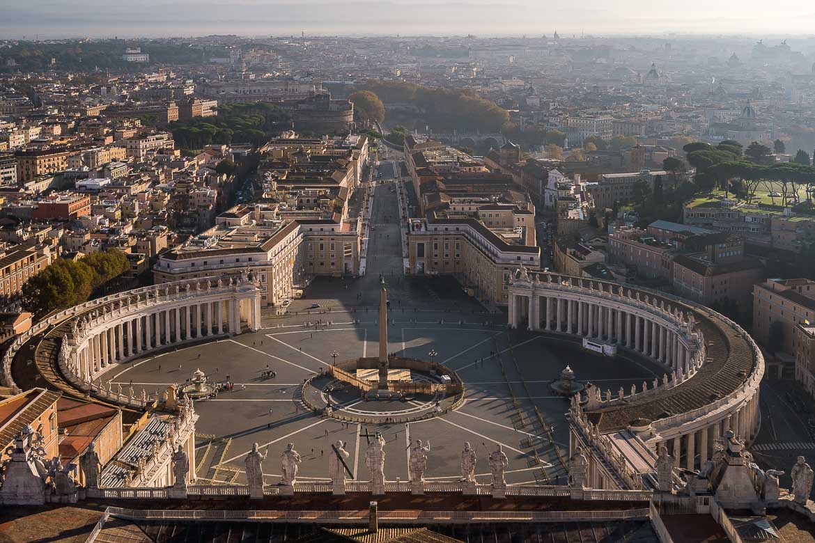 This is a view of St. Peter's Square and Rome from the top of St. Peter's Basilica Dome. Climbing the Dome is one of the best things to do in Rome.