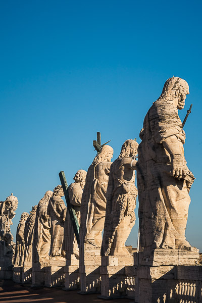 This is a close up of some of the thirteen statues on the facade of St. Peter's Basilica.