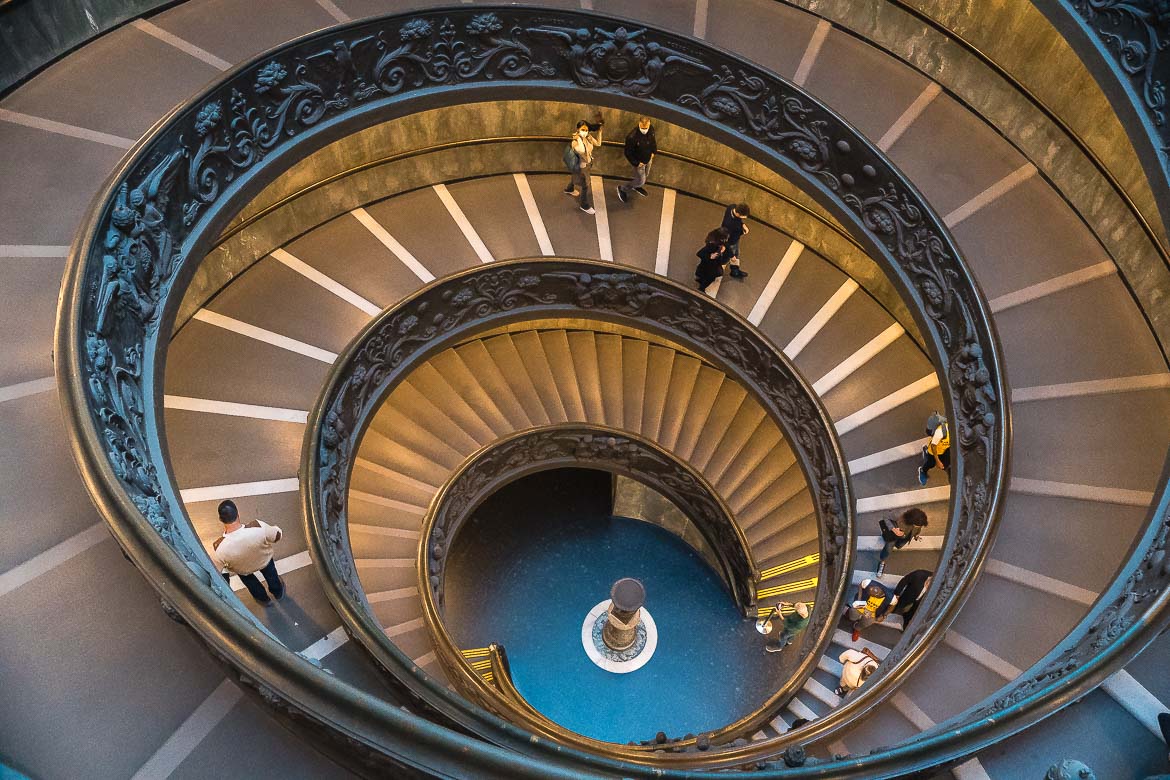This is a close up of the double helix staircase in the Vatican Museums. It's remarkable how people going up never meet those going down!