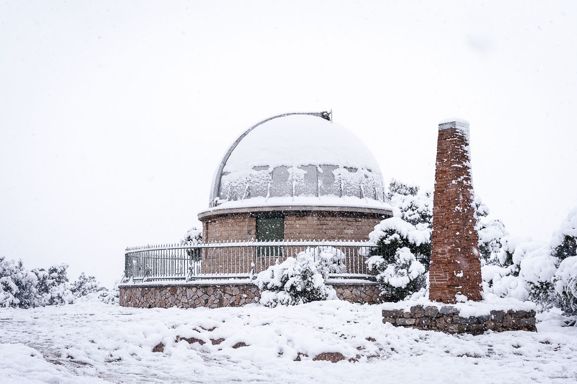 This is the National Observatory of Athens covered in snow.