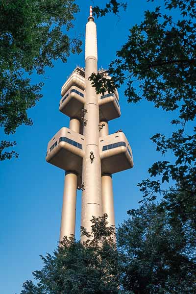 The TV Tower in Zizkov behind the trees. There are some sculptures of babies crawling on the Tower.