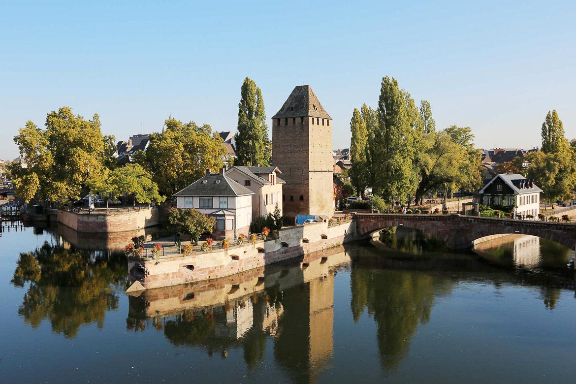 This image shows the Ponts Couverts, a defensive complex of three bridges and four towers built on the river in the city of Strasbourg.