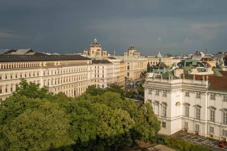 Panoramic view of the city from 25Hours Hotel rooftop terrace.