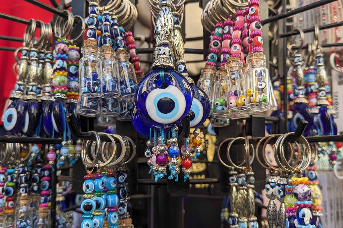 Plenty of key rings with the evil eye at a souvenir shop.