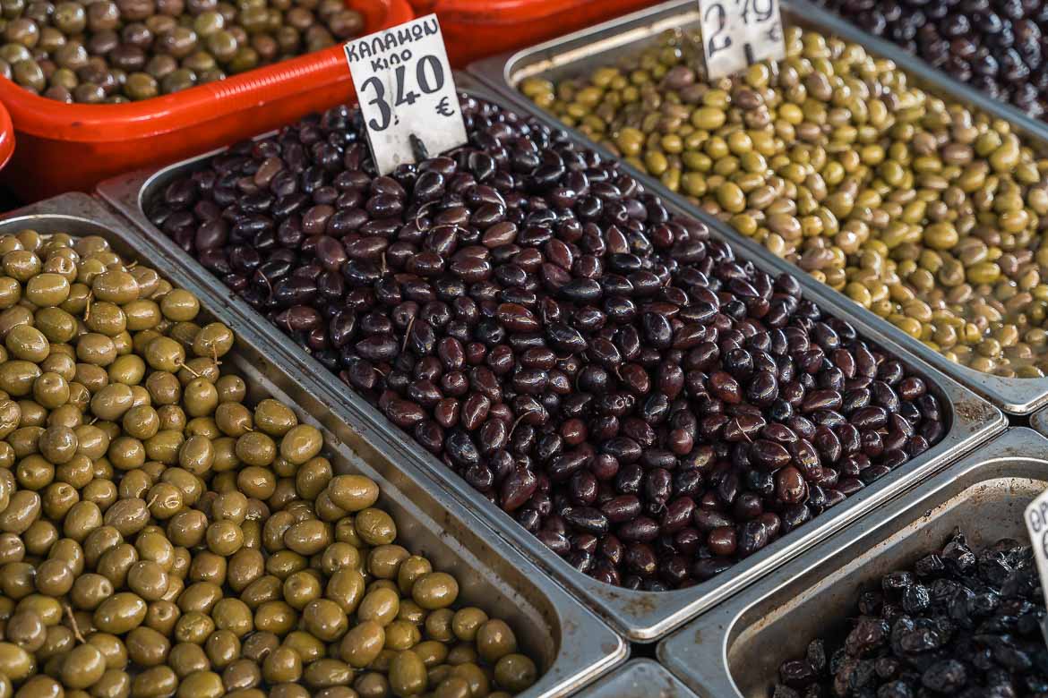 Different kinds of olives sold at the market.