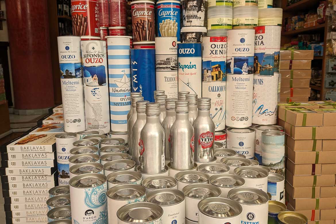 Several bottles of ouzo at a souvenir shop in Plaka.