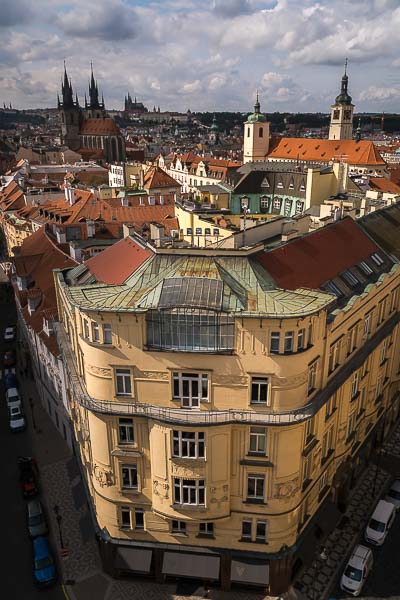 This image shows the panoramic view of the city from the viewing gallery of the Powder Gate Tower where you can catch some of the best views in Prague. 