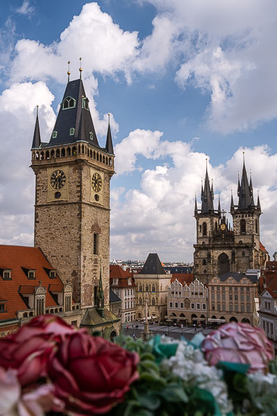This image shows the view of the Old Town Hall and the Church of our Lady before Tyn from Terasa U Prince.