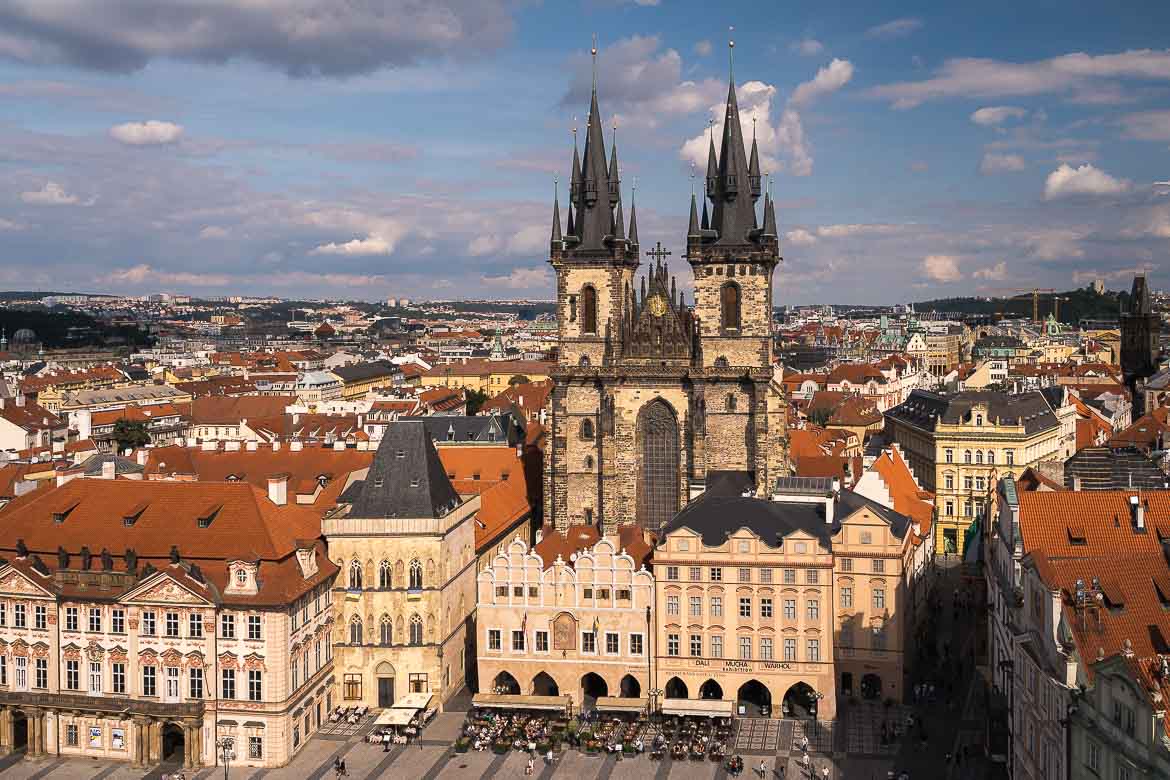 This image shows the panoramic view of the church of our Lady before Tyn from the Old Town Hall, one of the best views in Prague.