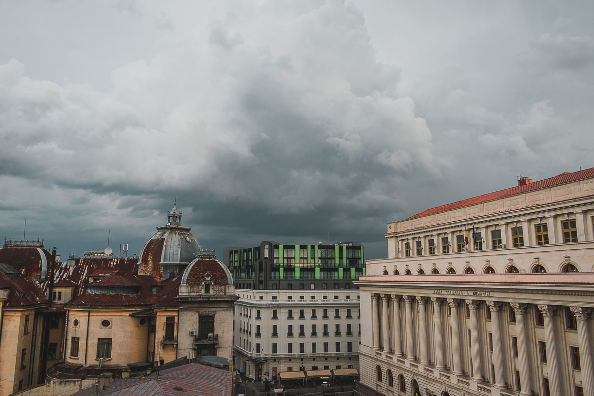 This photo shows the National Bank of Romania building from above. Top things to do in Bucharest.