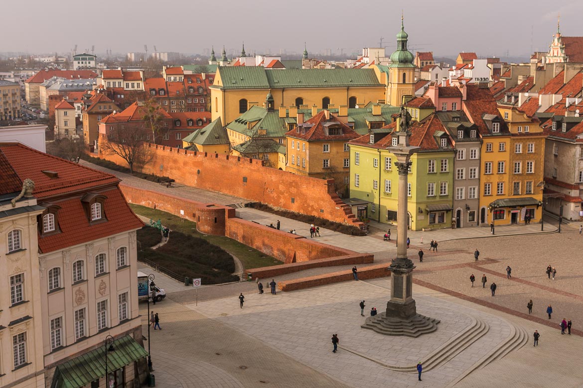 Castle Square in Warsaw Old Town as seen from the bell tower of St. Anne church.