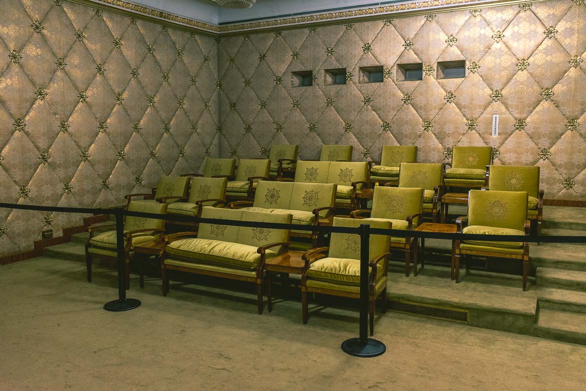 This photo shows the private cinema in Ceausescu residence, Bucharest, Romania.