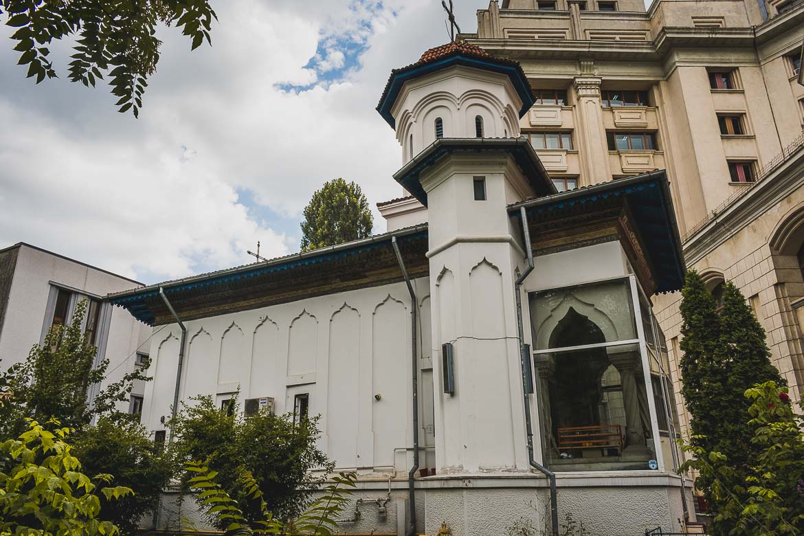 This photo shows Schitul Maicilor, the 18th century church that was the first to be moved out of harm's way during Ceausescu's demolition folly. Bucharest walking tour of Communism, Romania.