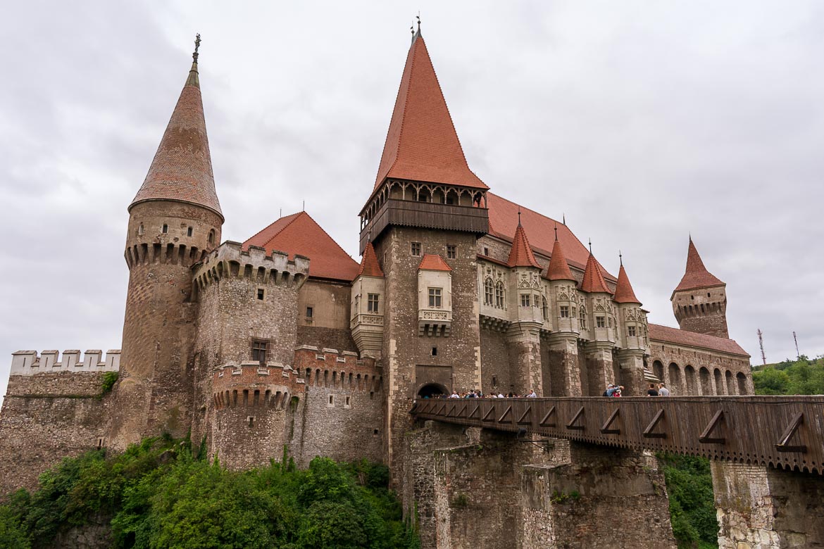 A panoramic view of Corvin Castle. Planning a day trip there is one of the best things to do in Sibiu.