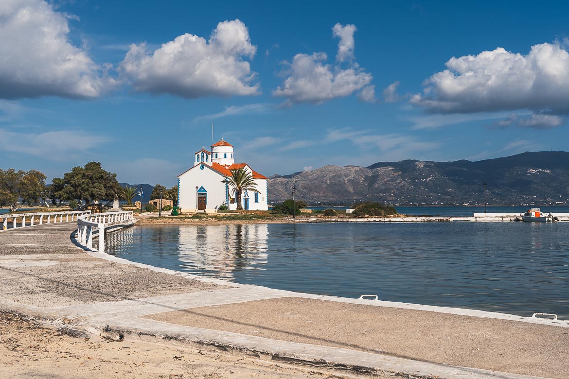 This image shows the causeway that leads to Agios Spiridonas, a traditional church in the heart of Elafonisos Town. 