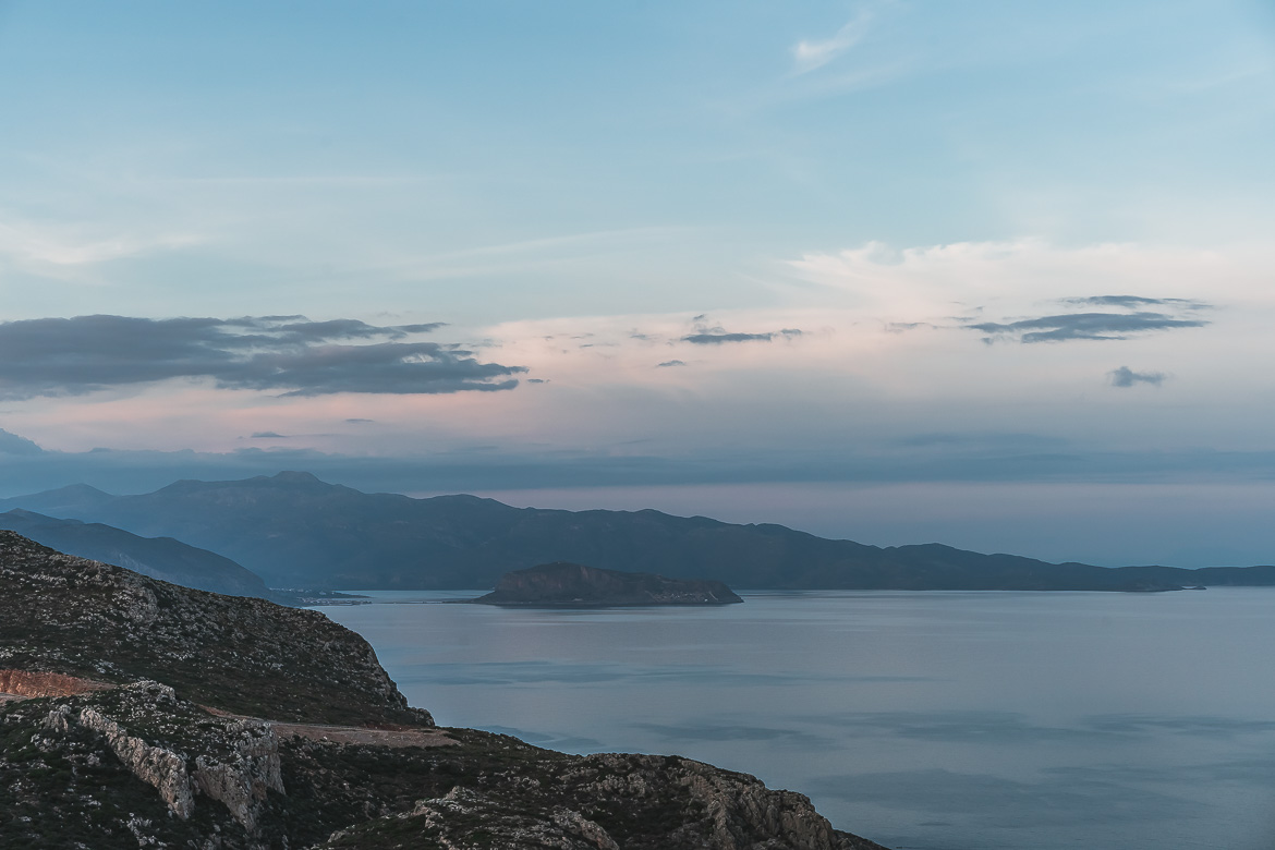 This photo shows the gorgeous view to Monemvasia Castle from the New Road that connects Monemvasia to Elafonisos Greece.