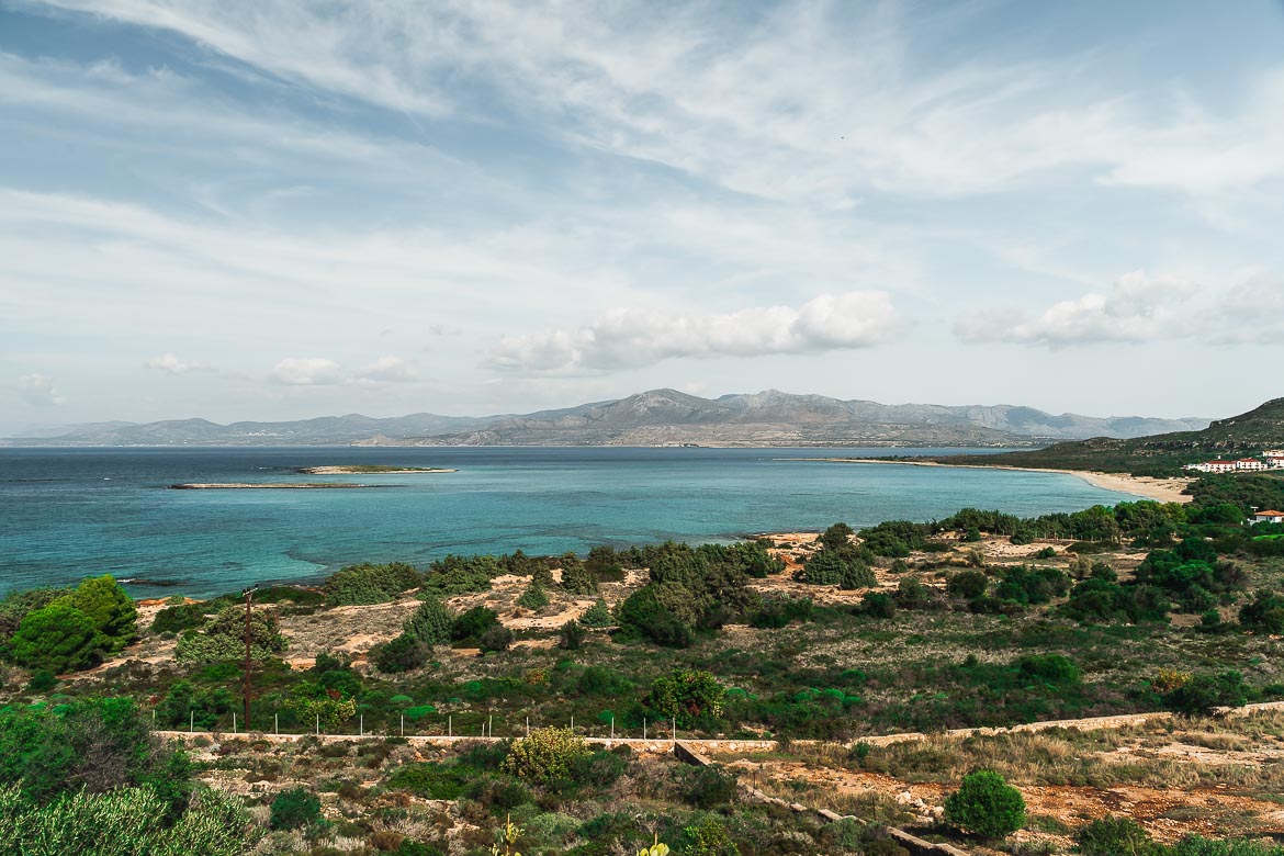 This is a panoramic shot of Ta Nisia Tis Panagias Beach with the islets visible off the coast. This shot was taken from the traditional restaurant on the hill overlooking the beach. 