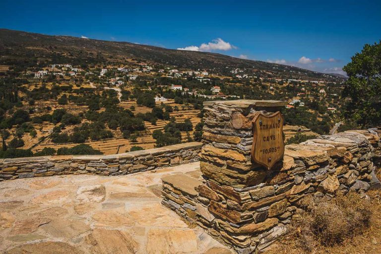 This photo shows the entrance to one of the lesser-known but very beautiful caves in Greece, Foros Cave on Andros Island, Cyclades.