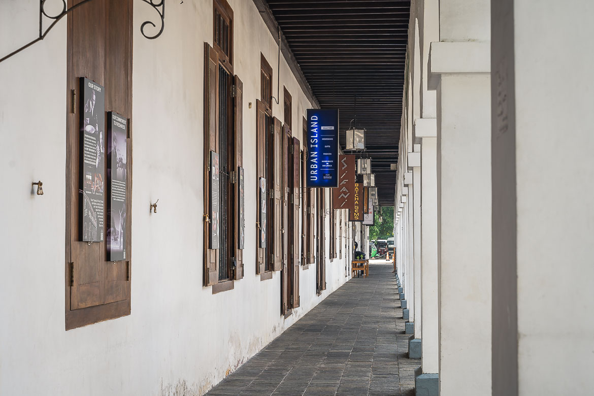 Inside the colonnade of the Old Dutch Hospital.
