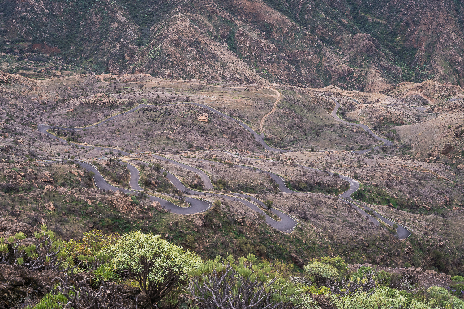 Panoramic view of the winding road that leads to Roque Bentayga, an essential stop on your Gran Canaria road trip. 