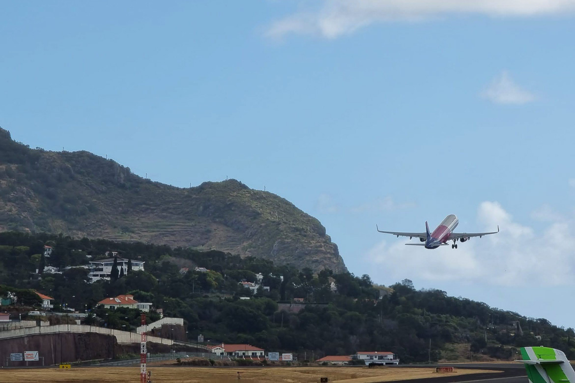 This image shows a take-off from Madeira Airport.