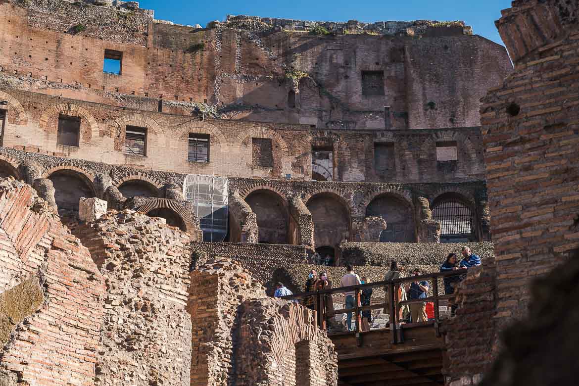 View of people standing on the arena floor as seen from the Hypogeum.