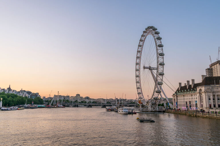 View of the London Eye and the Thames river.