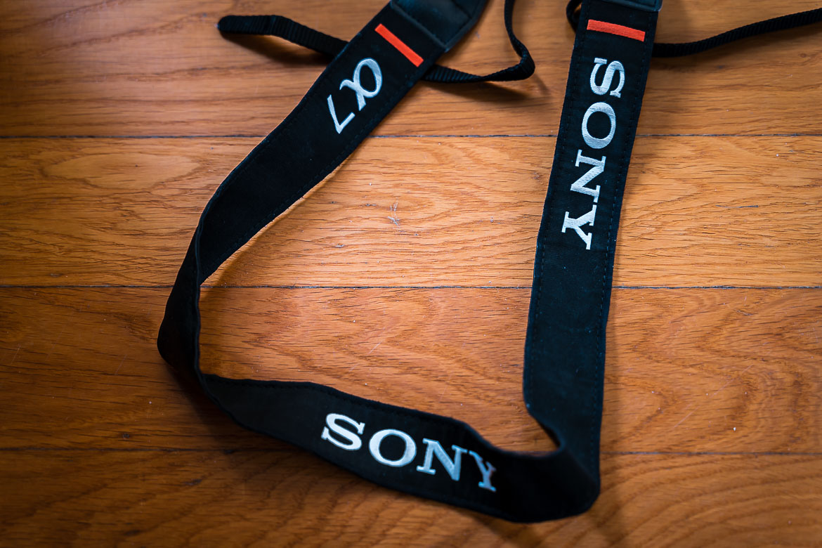 This is a close up of a Sony camera strap.