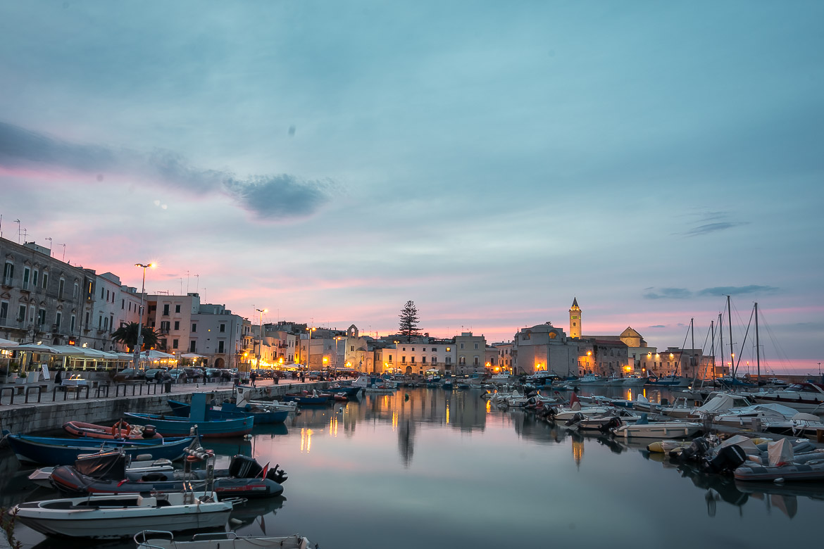 This is a panoramic shot of Trani port at sunset.
