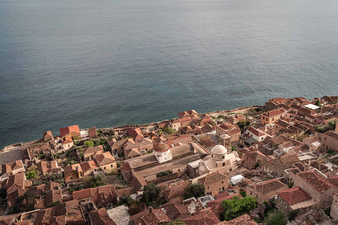 This is a panoramic shot of the Lower Town of Monemvasia Castle as seen from the Upper Town.