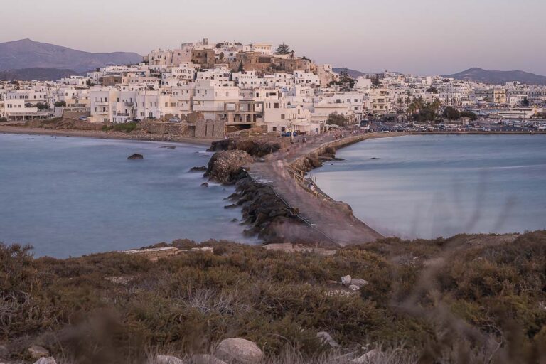 Panoramic view of Chora from the Temple of Apollo. There is a rocky corridor that connects the islet of Apollo temple to Naxos Chora.