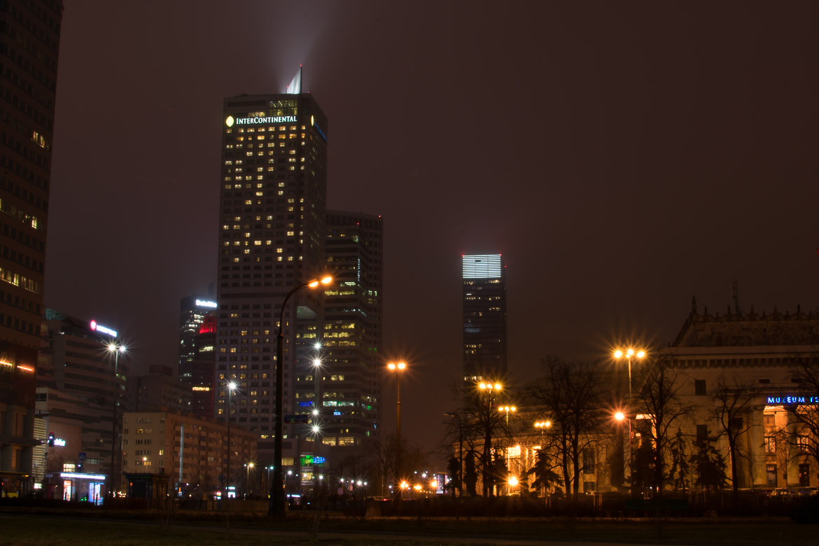Warsaw's Manhattan-like skyline is very attractive at night.