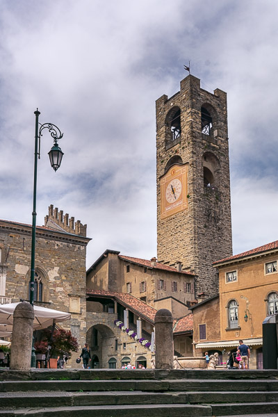 This is an image of Piazza Vecchia with the Civic Tower soaring above the square.