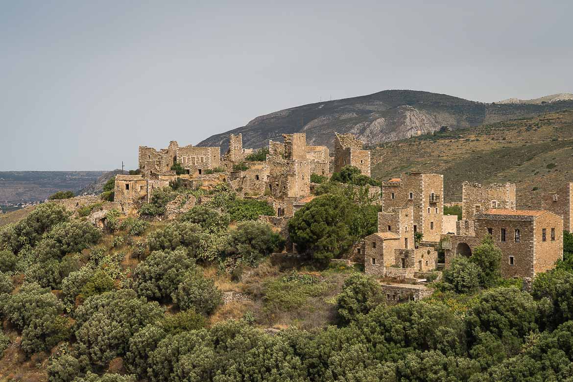 Panoramic view of the abandoned towers in Vatheia, Mani.