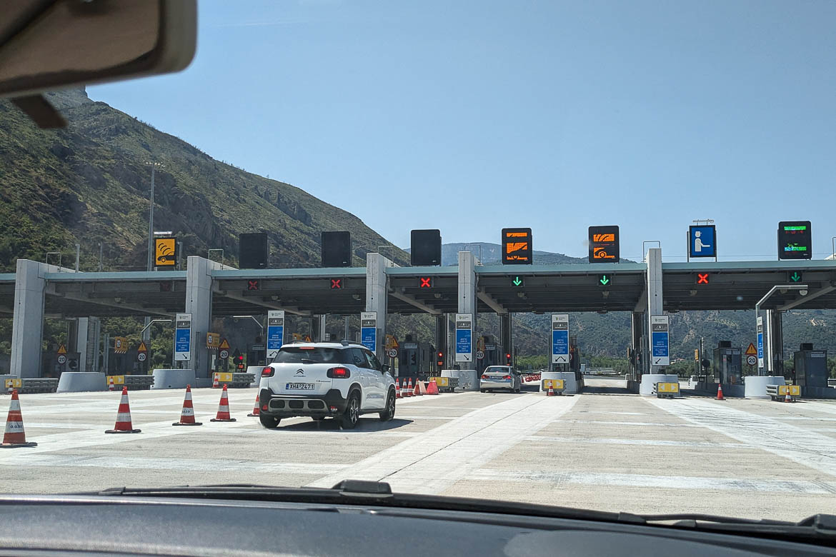 View of a toll station in the Peloponnese from the car.