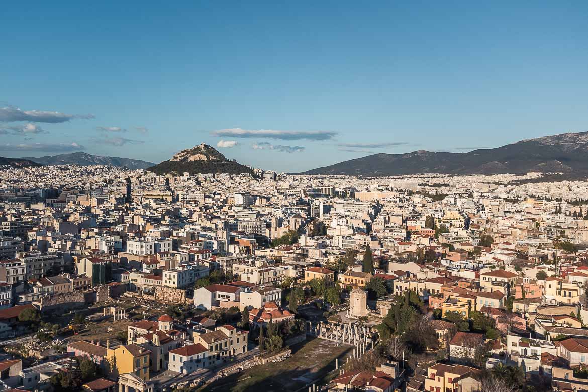 This image shows a panoramic view of Athens. In the background, we can see Lycabettus hill.