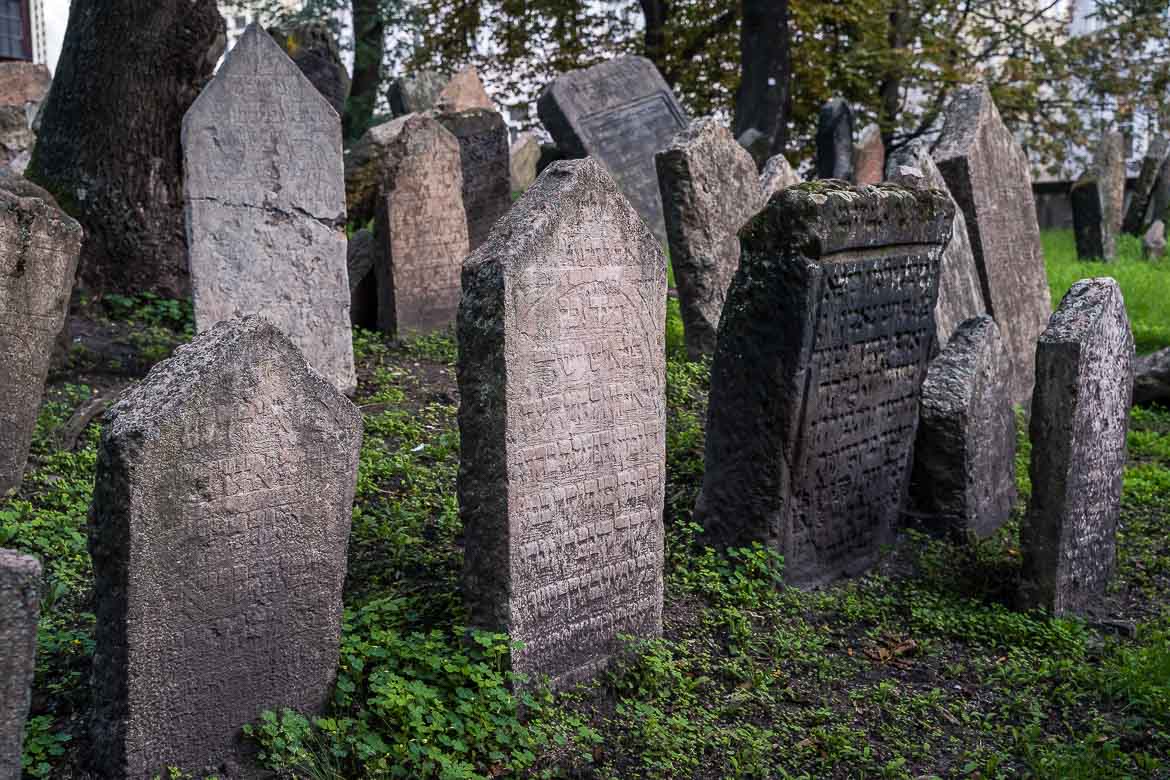 This image shows some tombstones at the Old Jewish cemetery.
