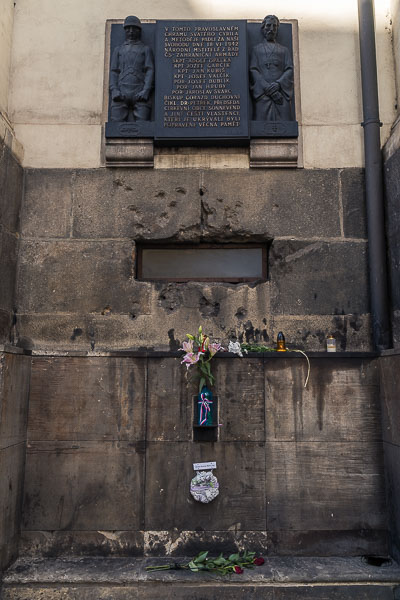 This image shows the memorial of the Czech Resistance in WWII outside the Church of Saint Cyril & Methodius.