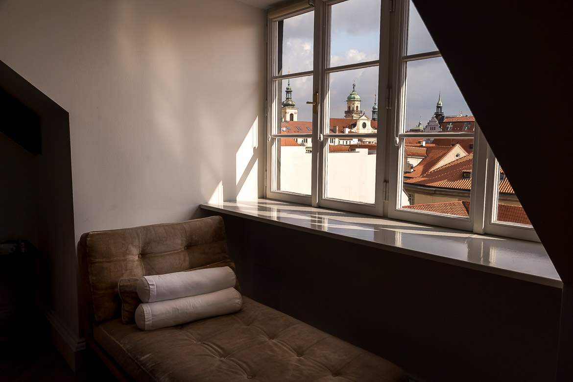 This image shows the view of Prague's skyline from a room at the Prague Mozart Hotel.