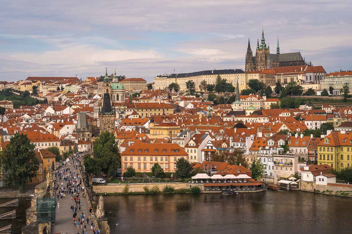 This image shows Prague Castle and the Lesser Town from the viewing gallery of the Old Town Bridge Tower.