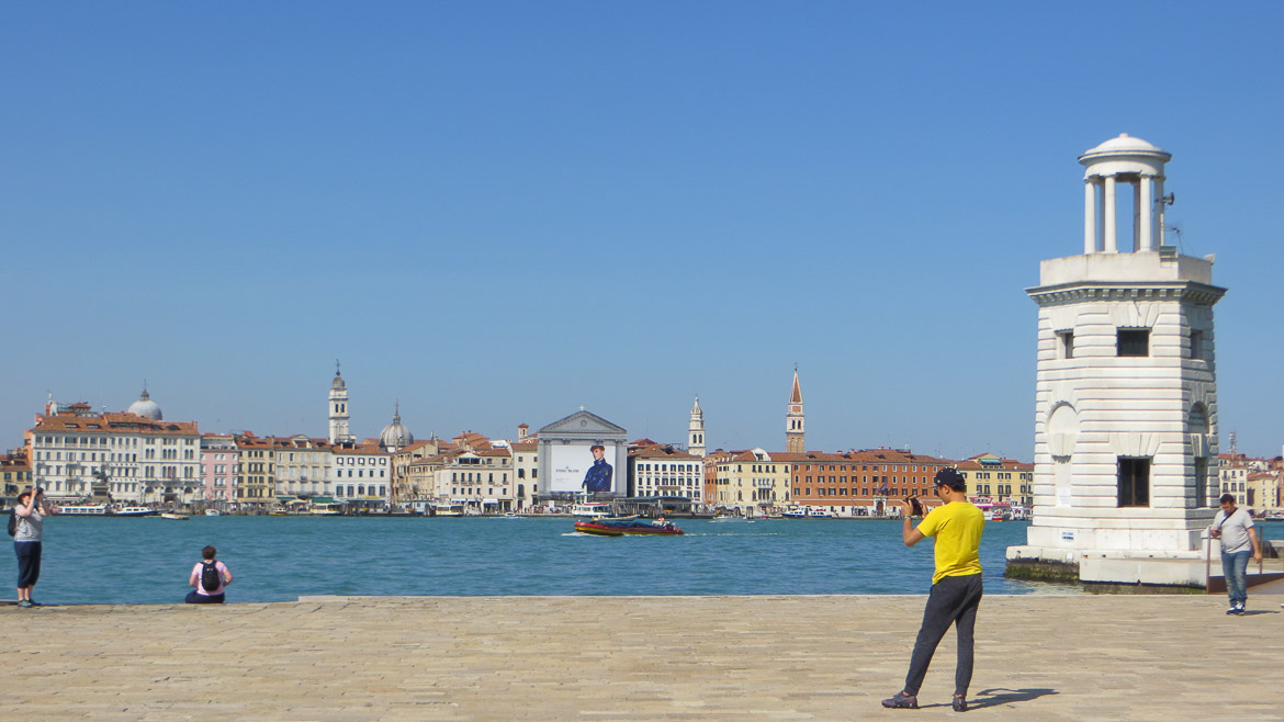 This photo shows the view to Venice from San Giorgio Maggiore. Venice boat tour with walks is one of the top things to do in Venice Italy.