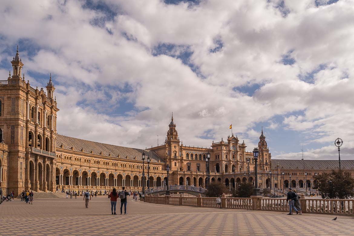 Plaza de Espana in Seville without crowds on a cloudy day in the off season in Spain. 