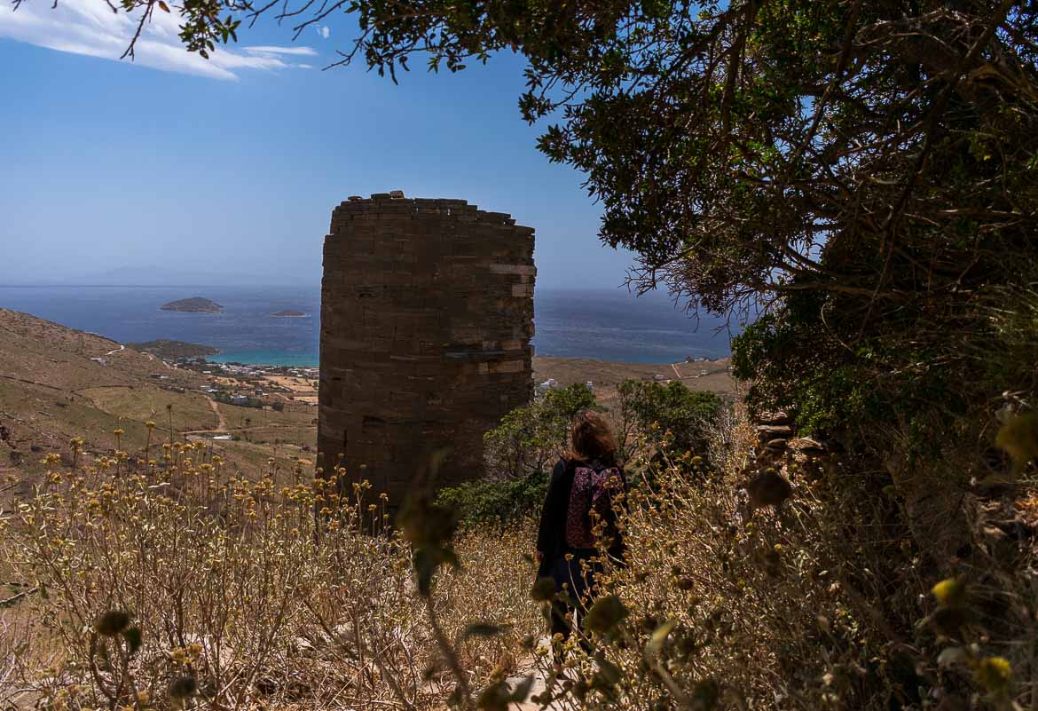 The remains of the Tower of Agios Petros with the Aegean Sea in the background. 