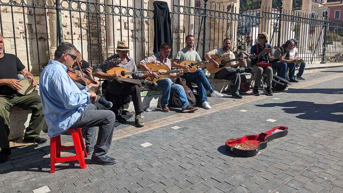 A band of street musicians playing Greek music in Monastiraki.