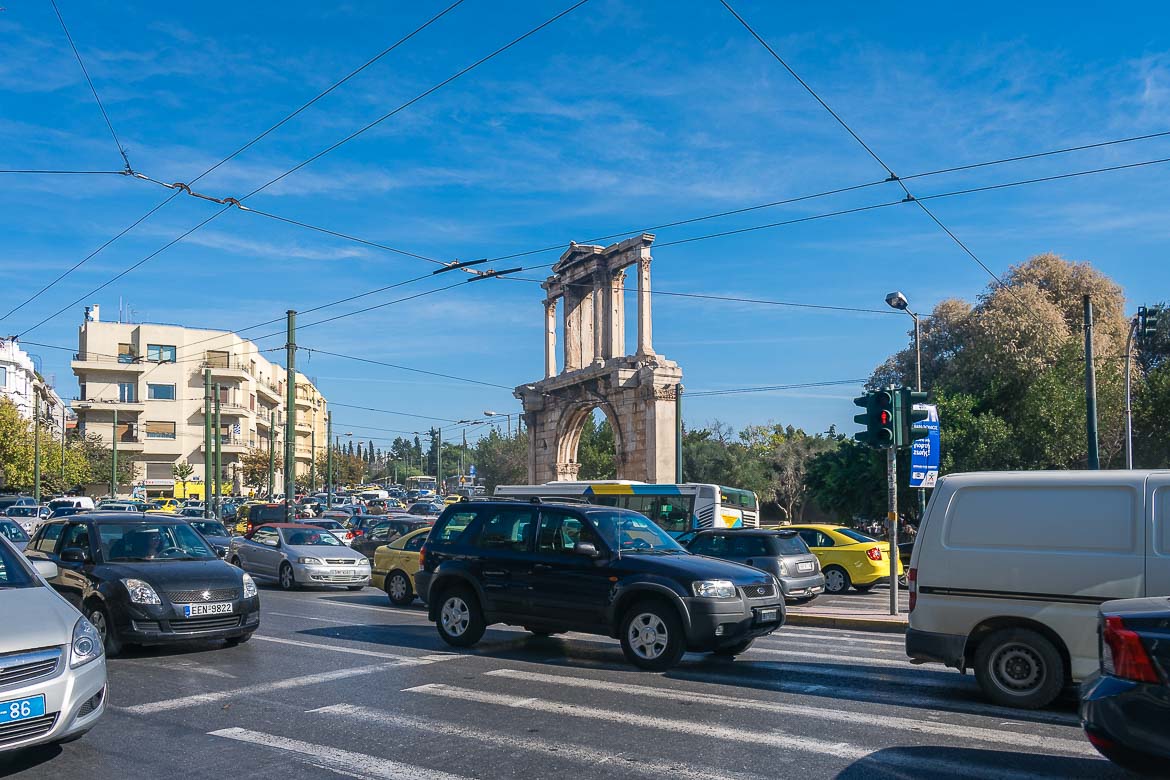 Traffic on Amalias Avenue in front of Hadrian's Gate.