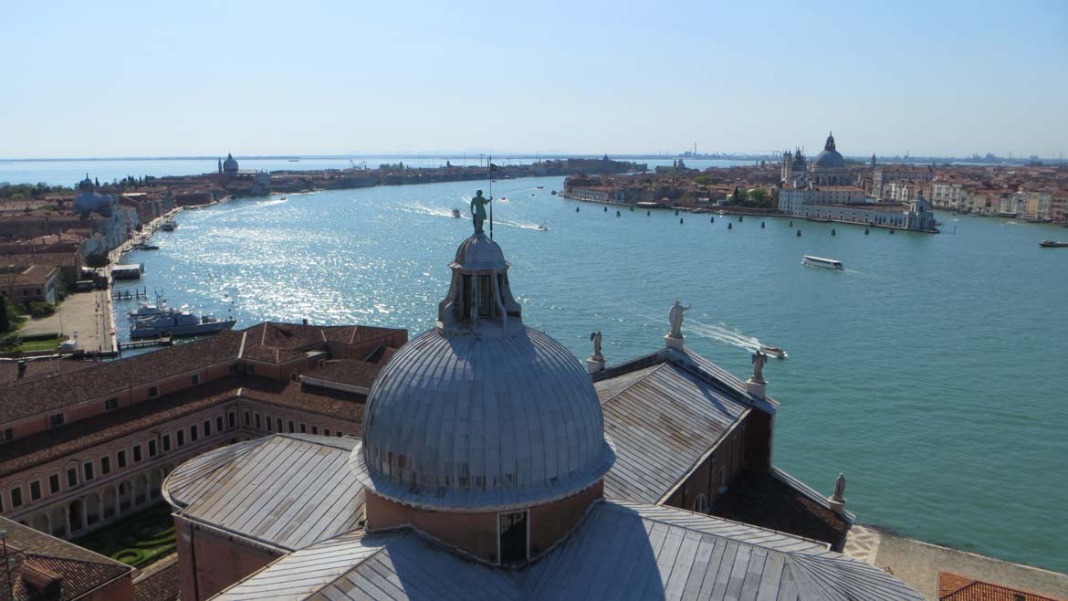 This photo shows Venice as seen from the bell tower of San Giorgio Maggiore. We enjoyed this view as part of our Venice boat tour, one of the top things to do in Venice Italy.
